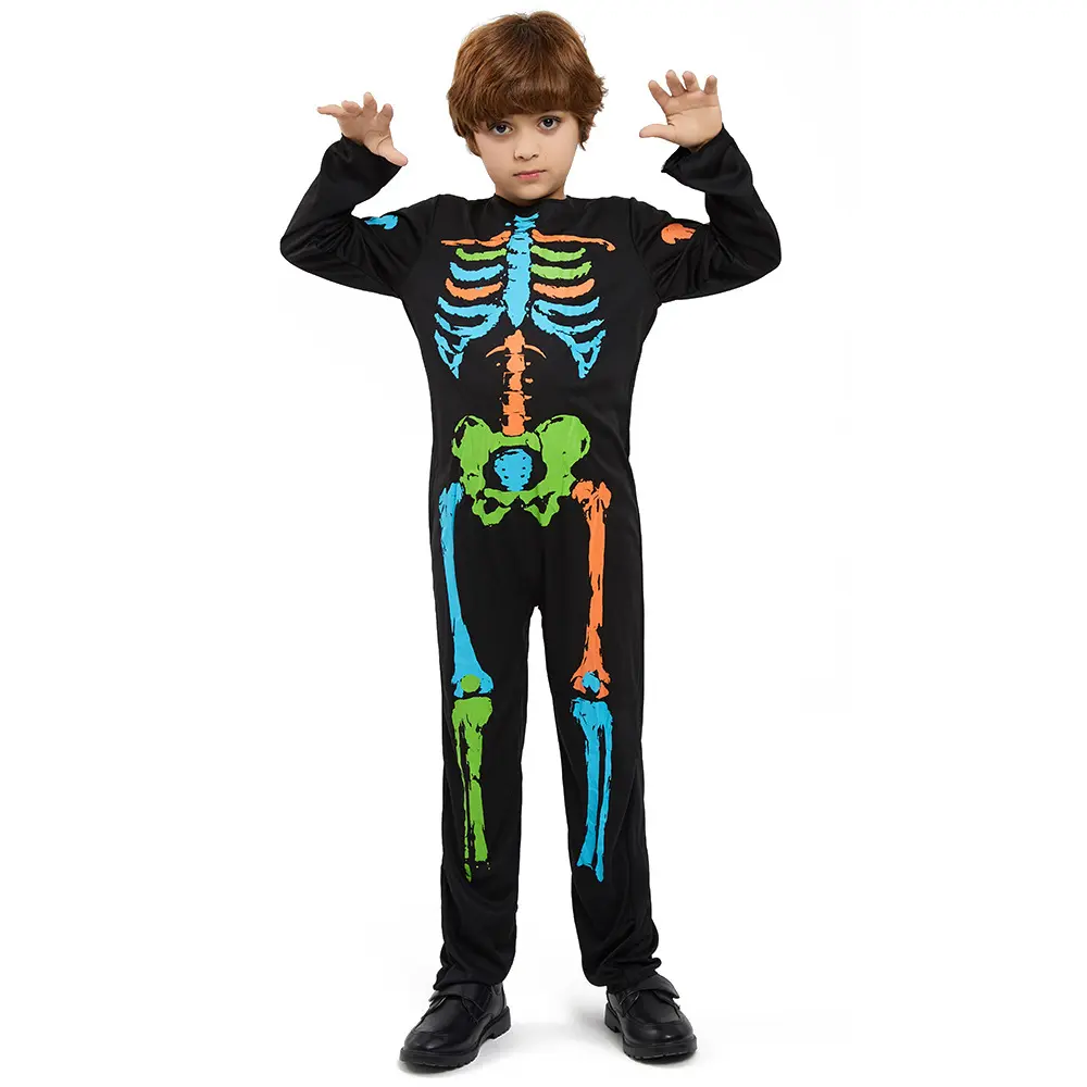 Halloween Costumes Unisex Kids Colorful Skull Skeleton Jumpsuit Theme Party School Event Play Costumes03